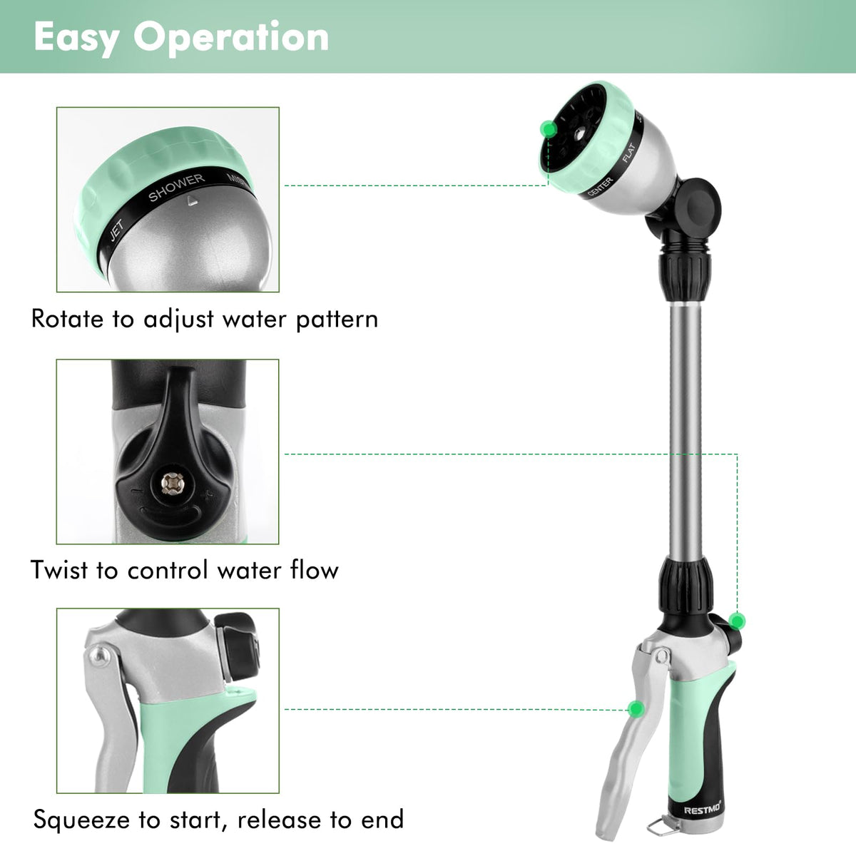 Restmo watering wand flow control knob allows tailored pressure for plants and cleaning