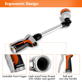 Restmo metal watering wand flow-control knob allows precise watering pressure for flowers and shrubs.