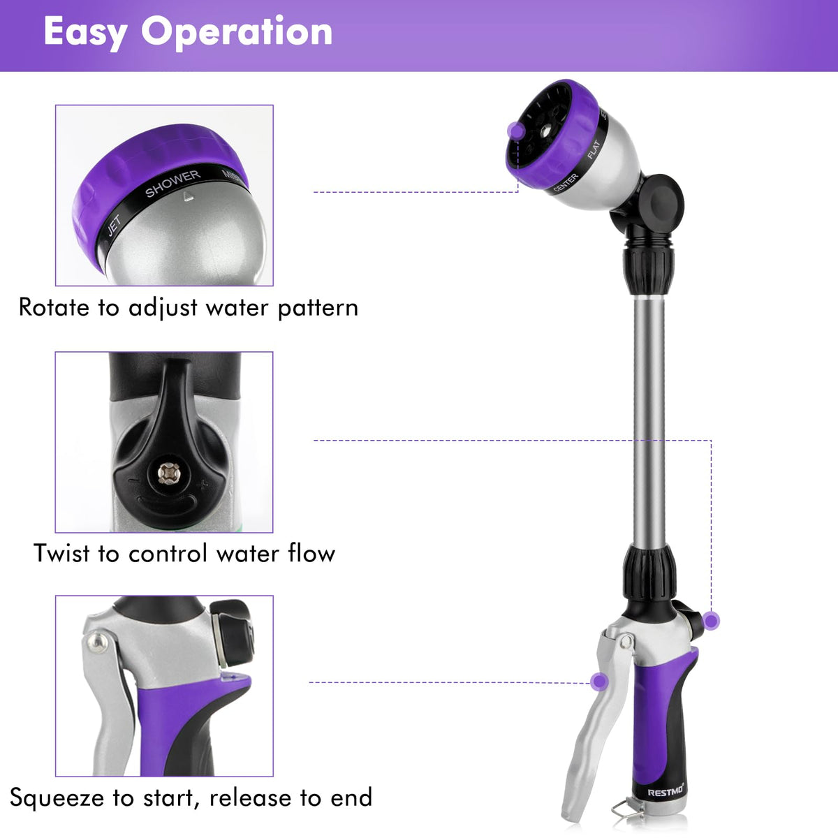 Restmo flow-control enables adjustable pressure for targeted watering.