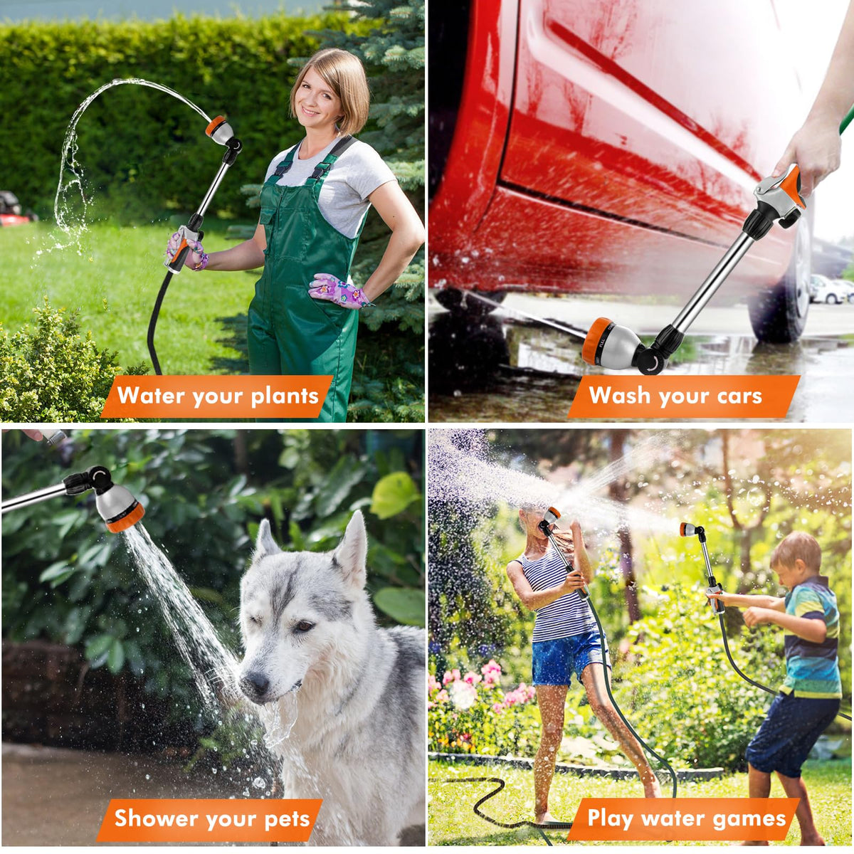 Restmo metal watering wand in action watering baskets and shrubs with controlled spray.