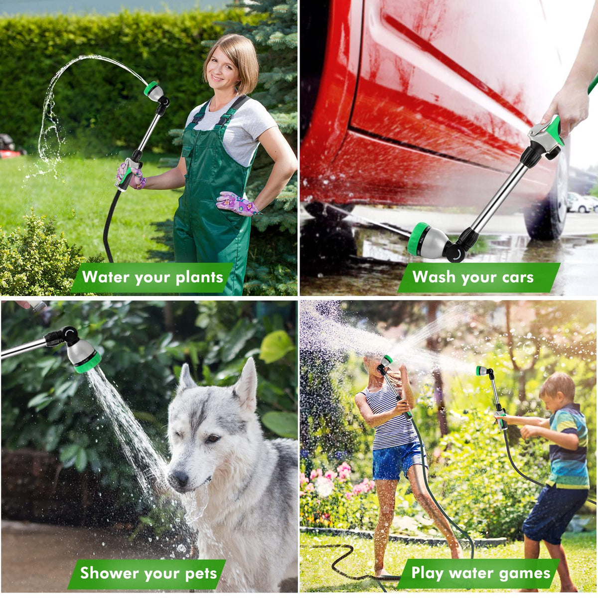 Restmo metal watering wand in garden use for hanging baskets and shrubs.