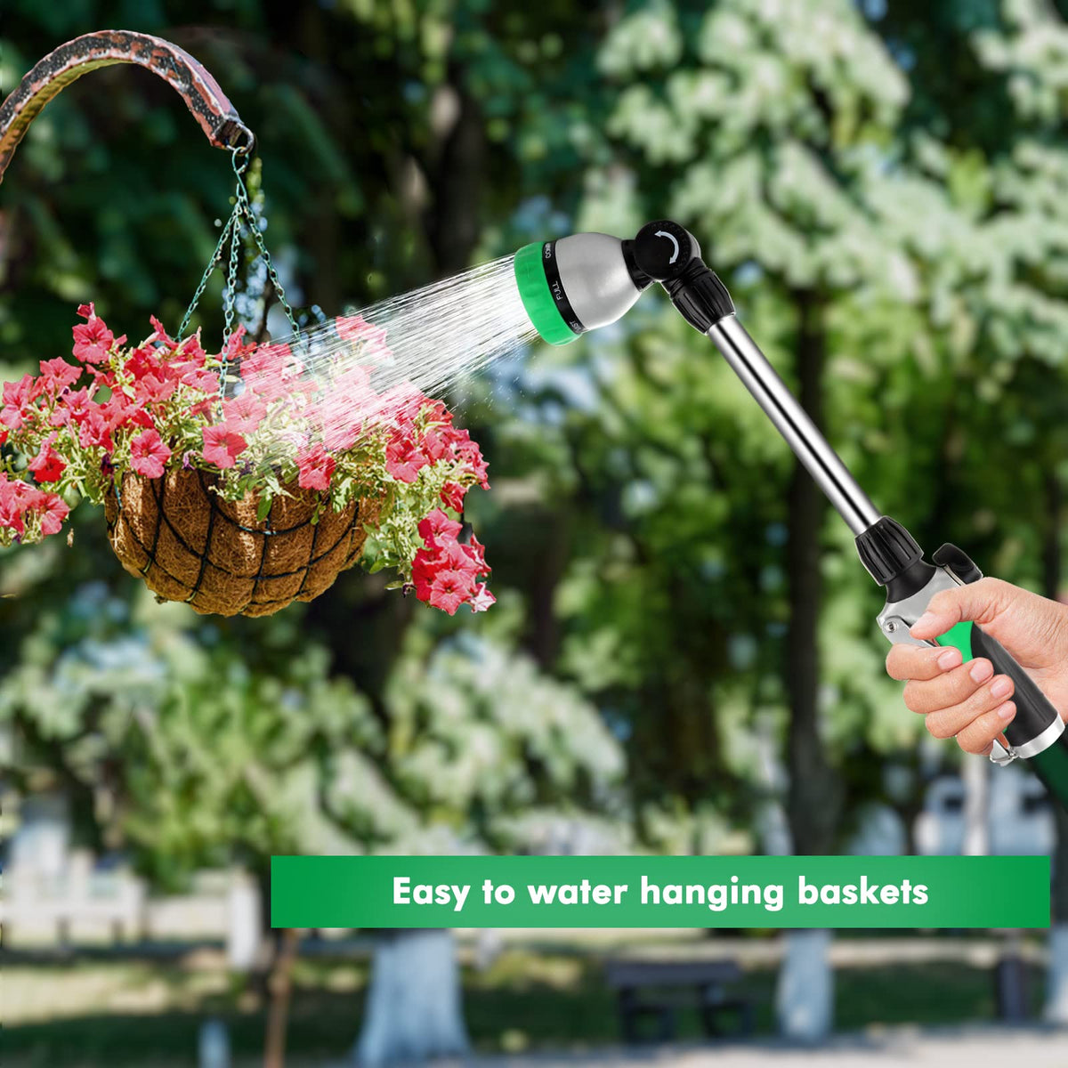 Restmo metal watering wand fits standard hoses with a leak-free seal.