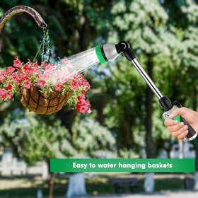 Restmo metal watering wand fits standard hoses with a leak-free seal.