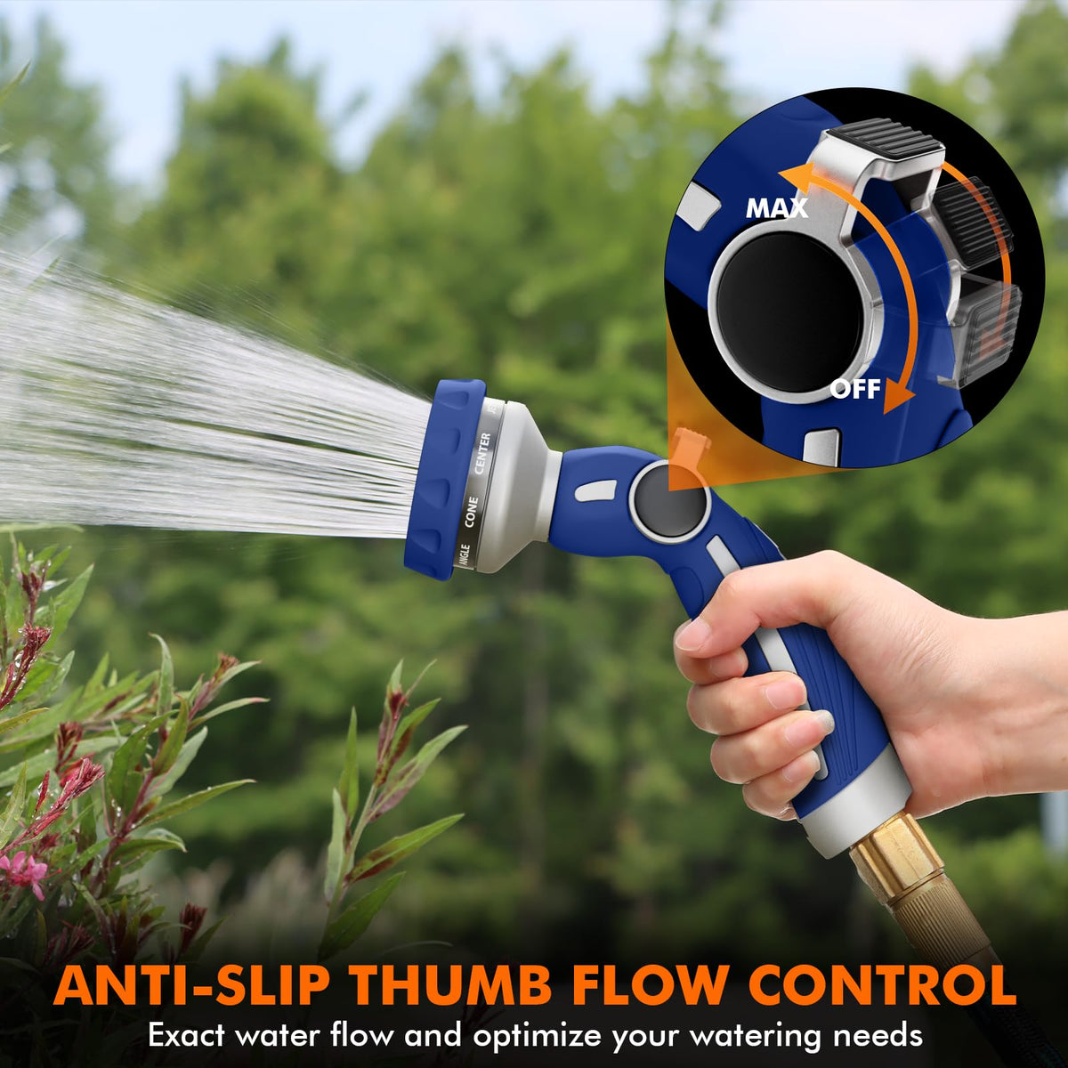 Restmo nine-patterns dial nozzle offers versatile spraying options.
