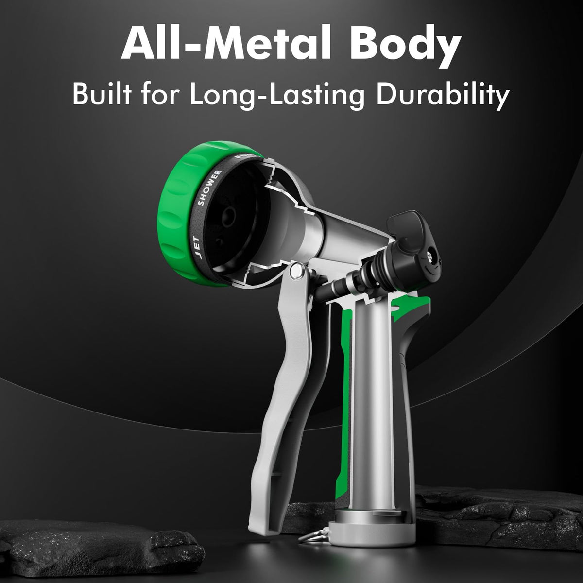 Restmo nozzle with seven spray pattern dial for versatile watering tasks.