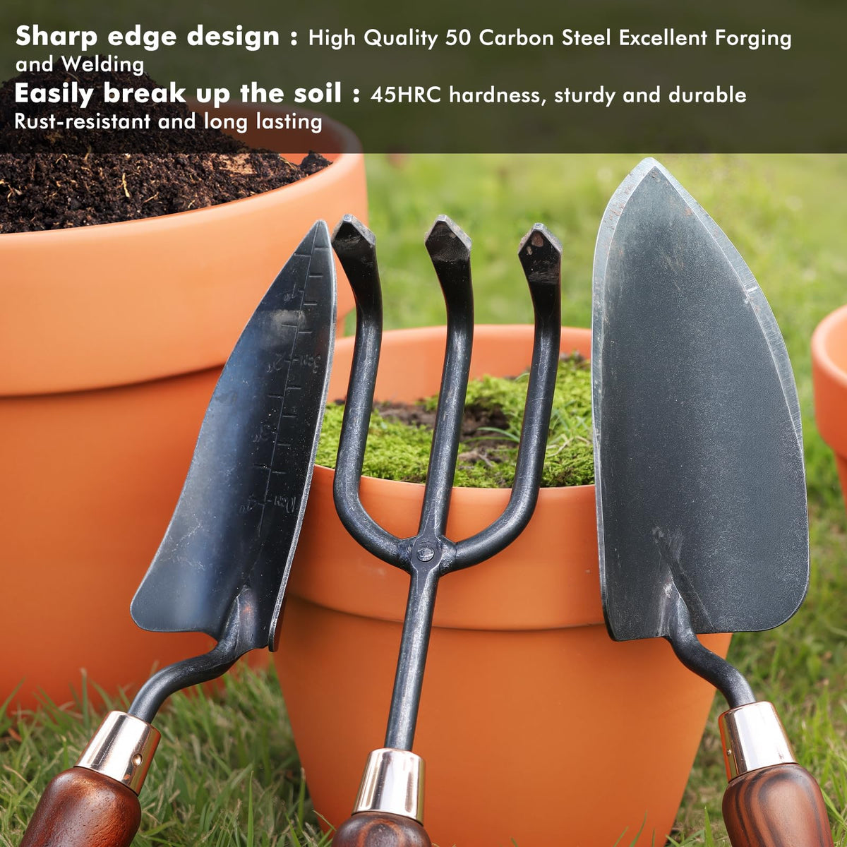 Restmo premium 50-carbon steel blade shines with a durable, wear-resistant finish.