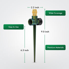 Restmo metal spike base keeps sprinkler stable on hard soil