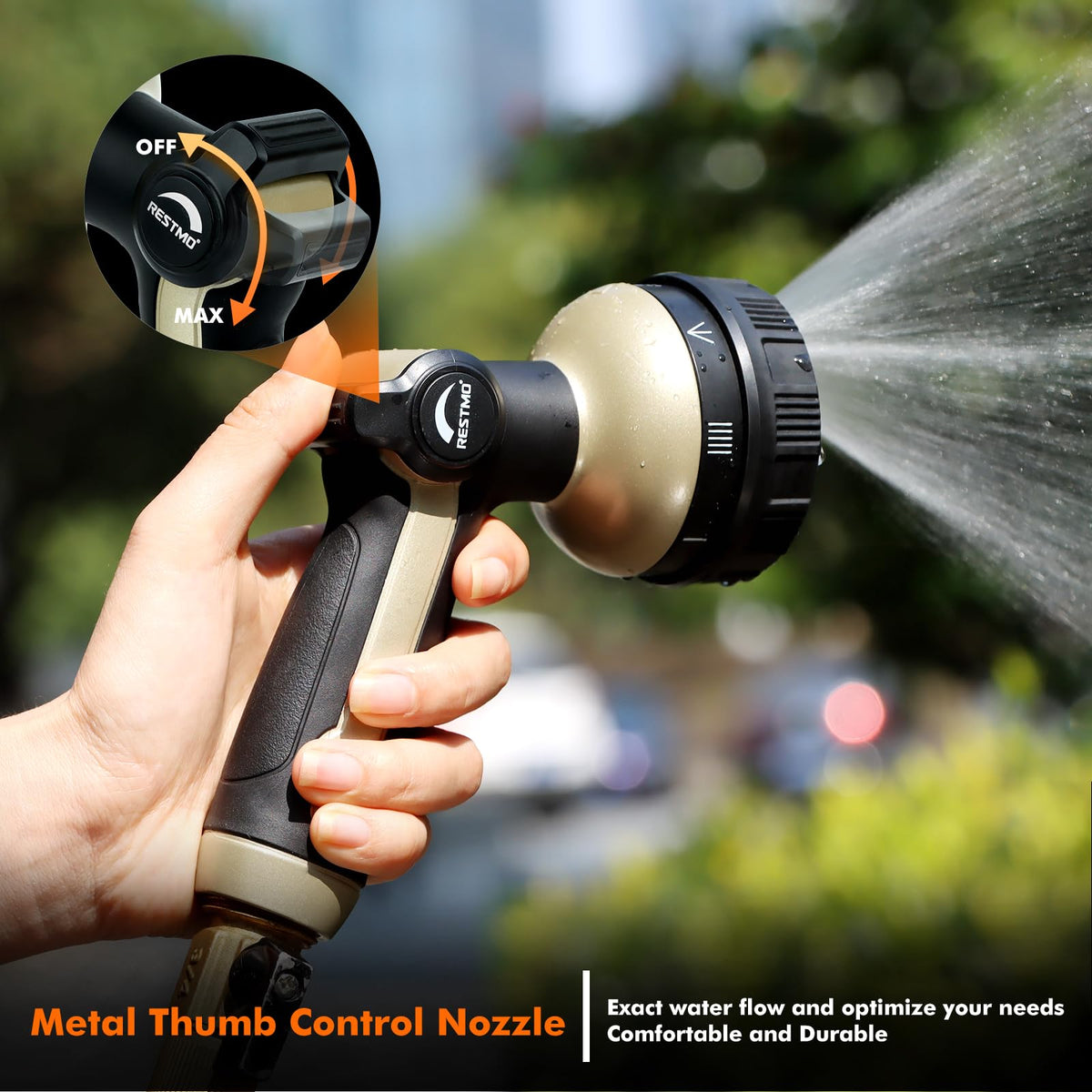 Restmo eight-pattern dial nozzle enabling versatile spray options.