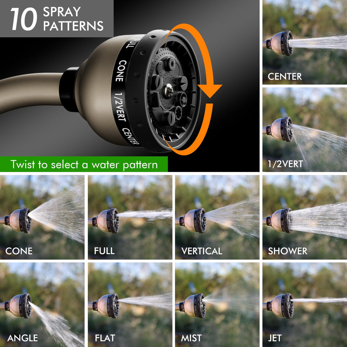 RESTMO ten spray patterns cover gentle mist to focused jet