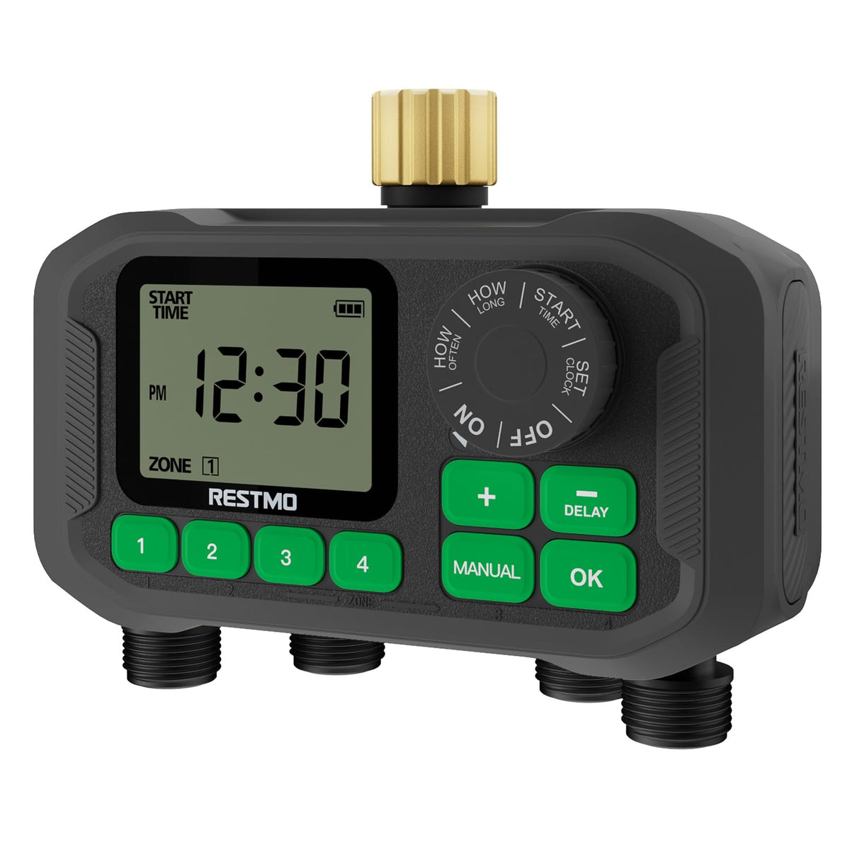 Restmo Sprinkler Timer 4-zone dial shows precise scheduling for multiple garden areas.