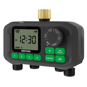 Restmo Sprinkler Timer 4-zone dial shows precise scheduling for multiple garden areas.