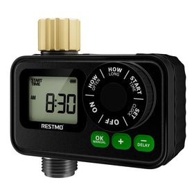 RESTMO sprinkler timer with brass inlet for a durable, leak-free outdoor connection.