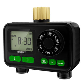 Restmo sprinkler timer brass inlet for durable outdoor irrigation setup.