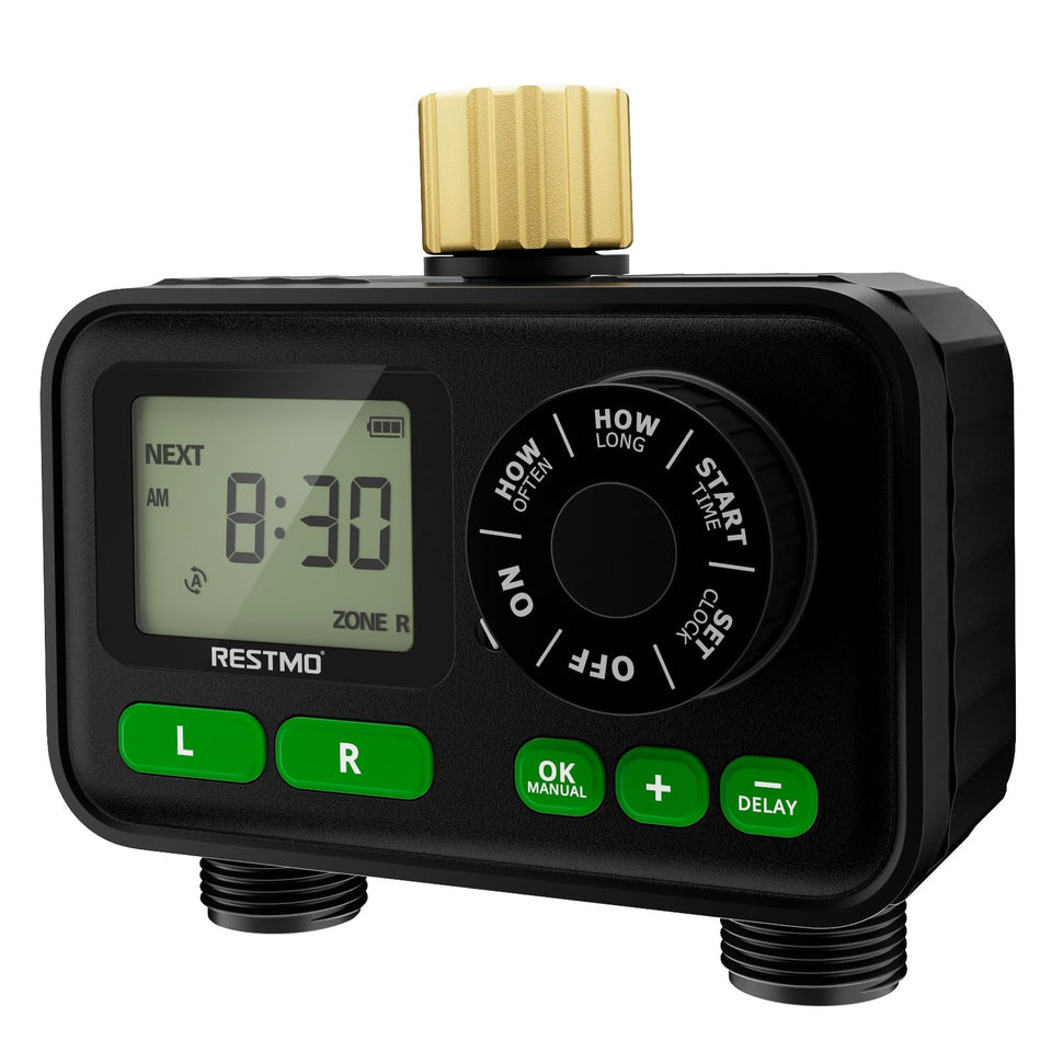 Restmo sprinkler timer brass inlet for durable outdoor irrigation setup.