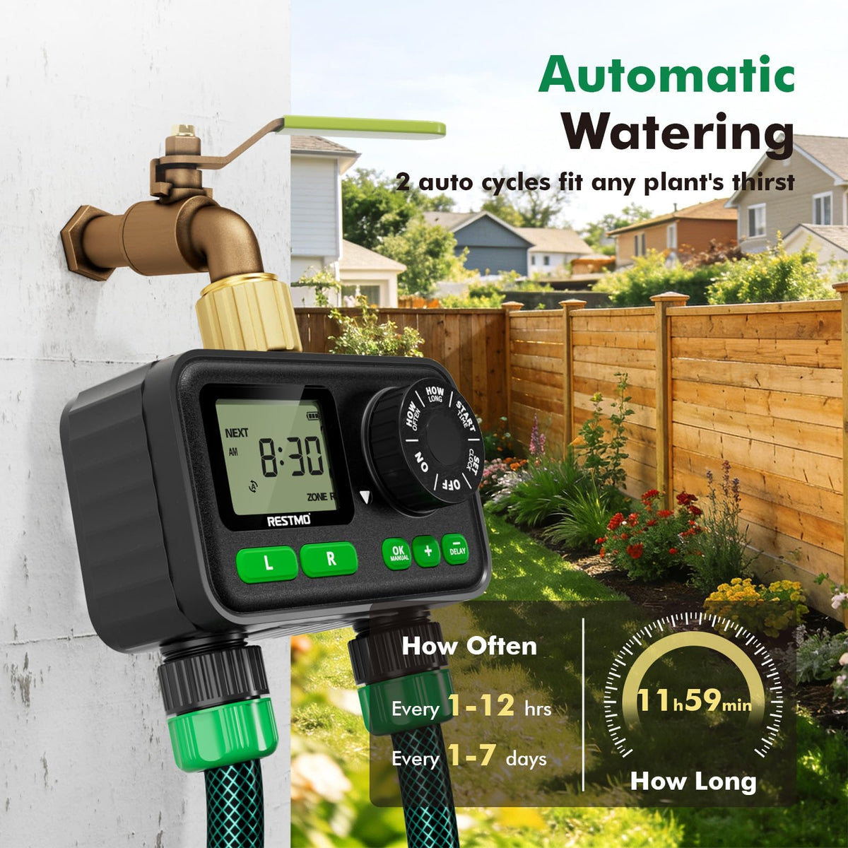 Restmo timer large dial enables easy programming in sunlight.