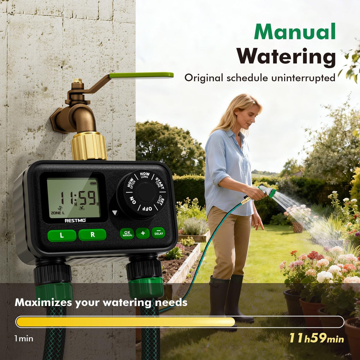 Restmo sprinkler timer LCD display for quick, readable programming.