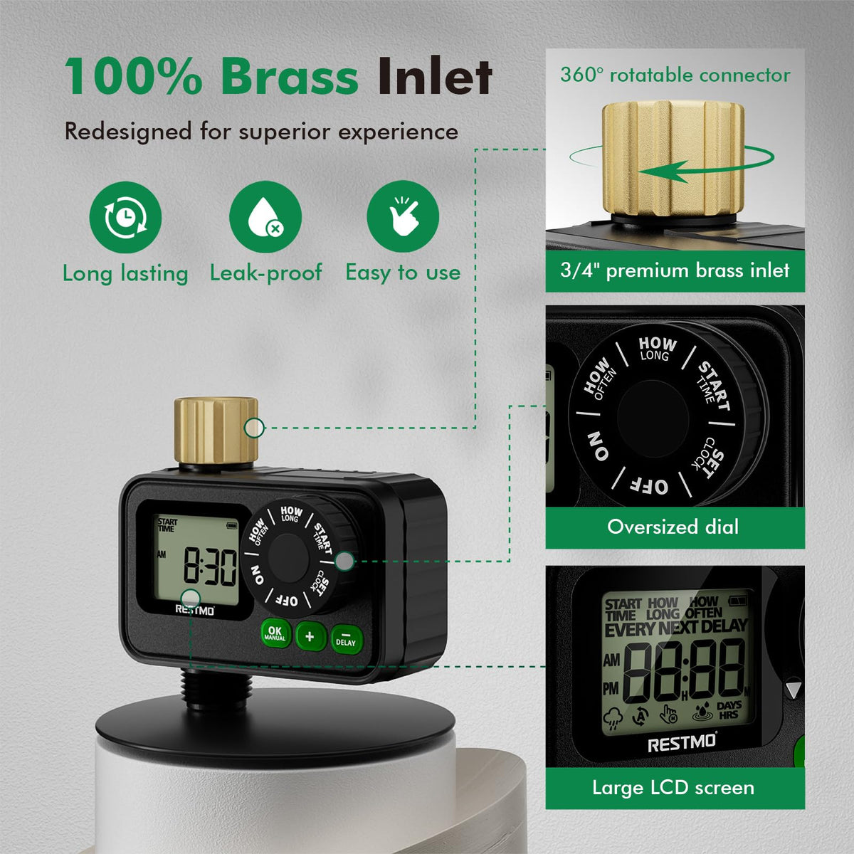 RESTMO programmable intervals from 1 hour to 7 days for flexible watering.