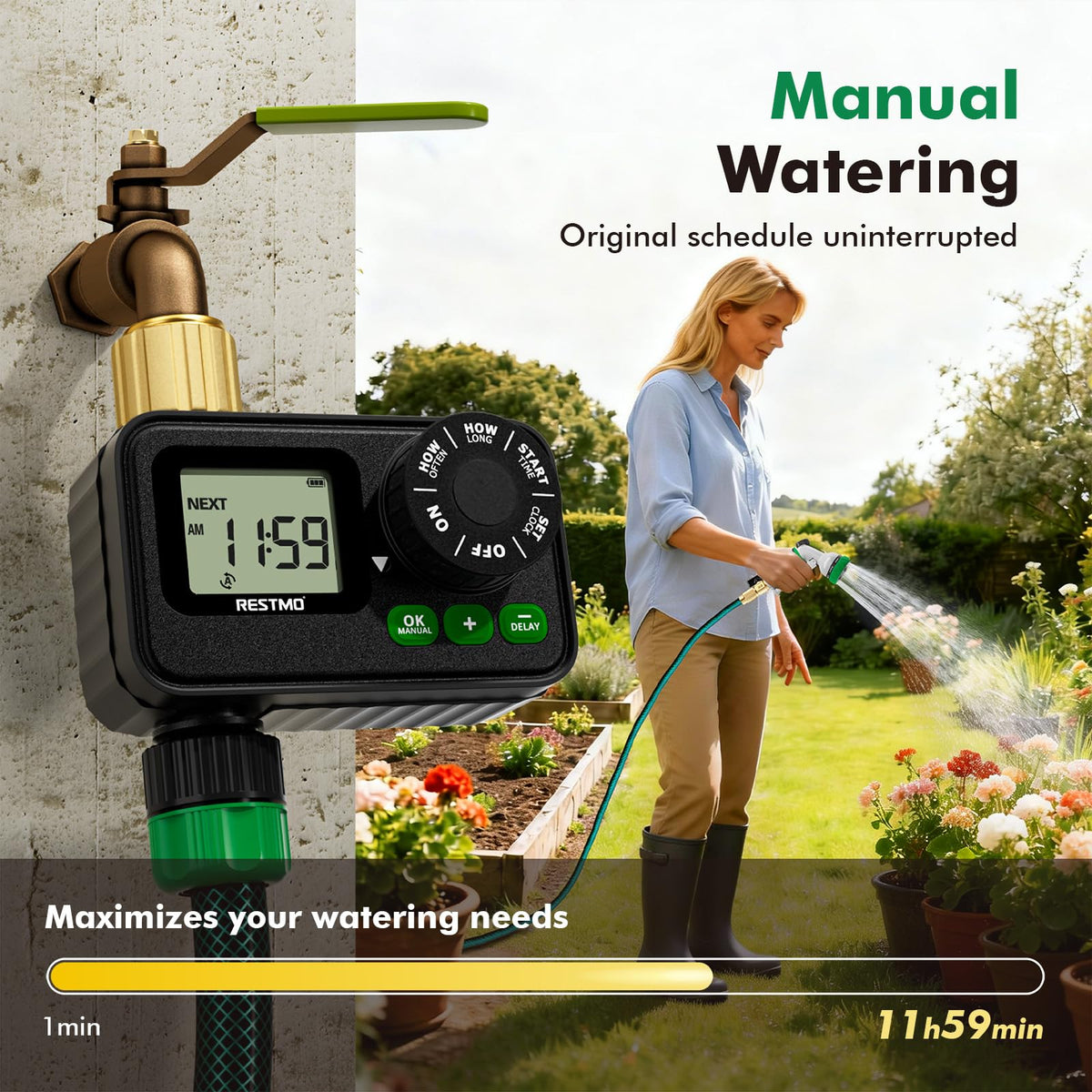 RESTMO rain delay feature lets you pause watering during unexpected rain.