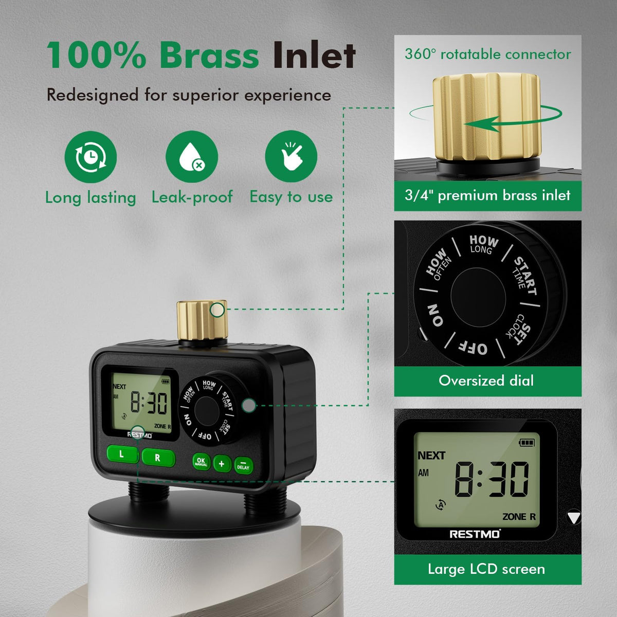 Restmo timer with rain delay feature supports weather-aware watering.