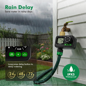 RESTMO compact unit works with soaker hoses for garden beds.
