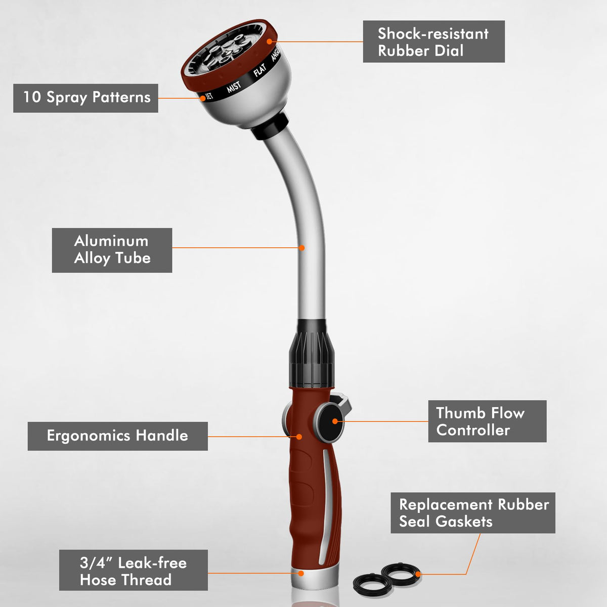 Restmo thumb-control hose sprayer enables easy water flow adjustments.