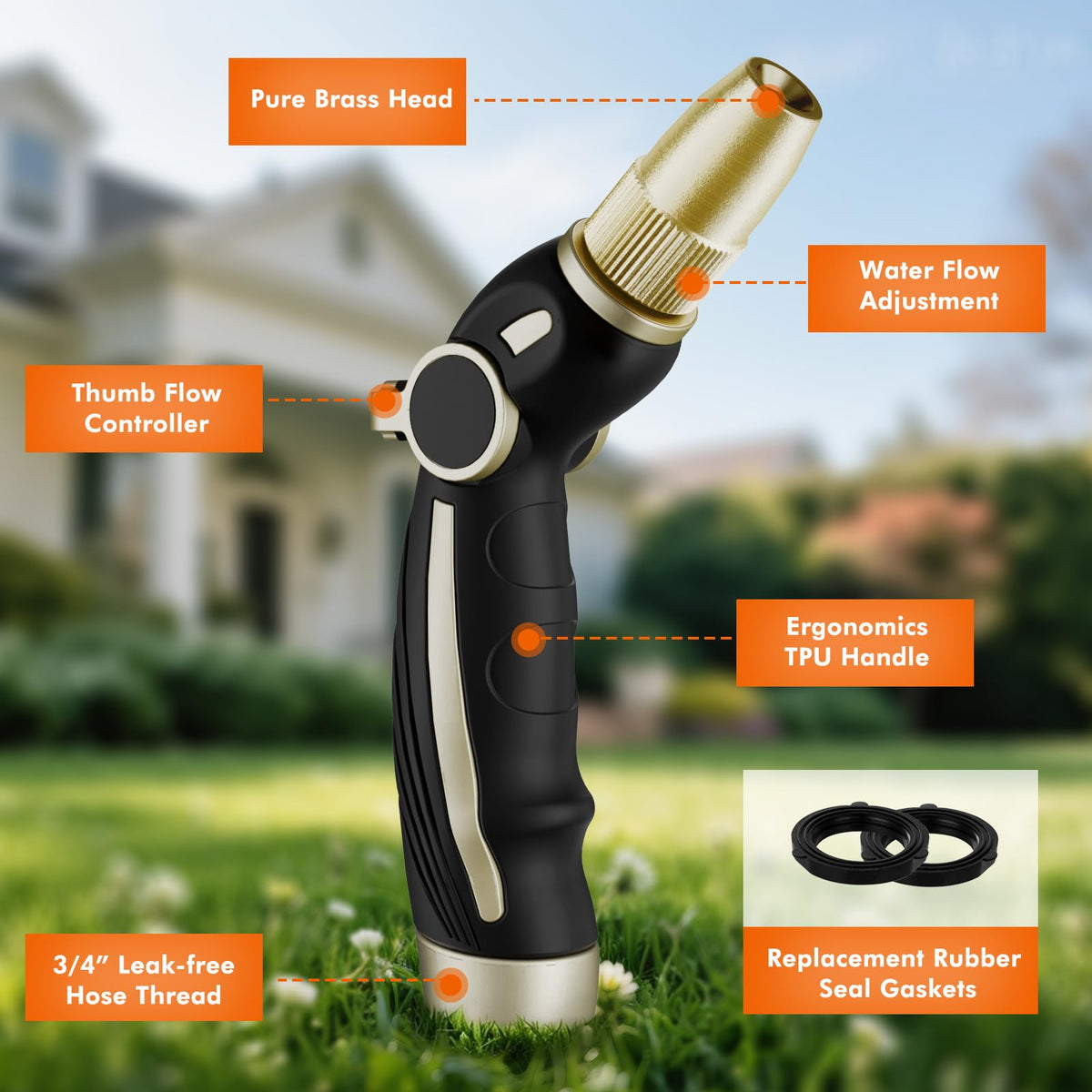 Restmo thumb-control hose sprayer enables easy on/off and pressure adjustments while watering.