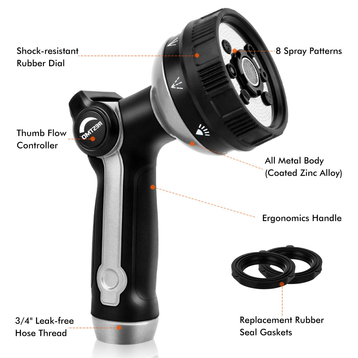 Restmo thumb control nozzle enables precise on/off watering with one hand.