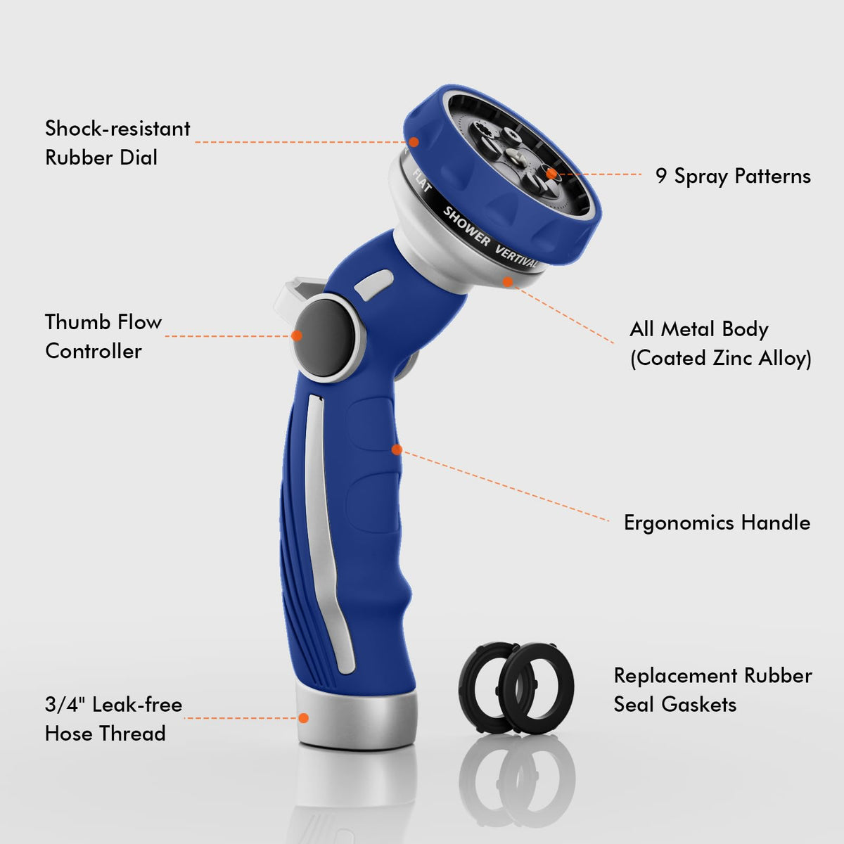 Restmo thumb flow control hose nozzle for easy on/off watering.