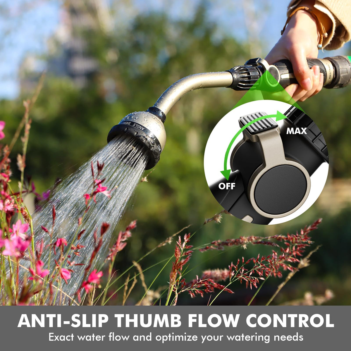 RESTMO thumb flow control enables easy on off adjustments while watering