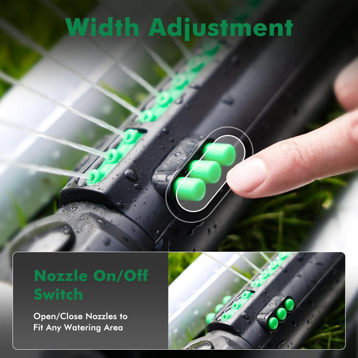 21-nozzle head delivers even rain-like spray across large yards