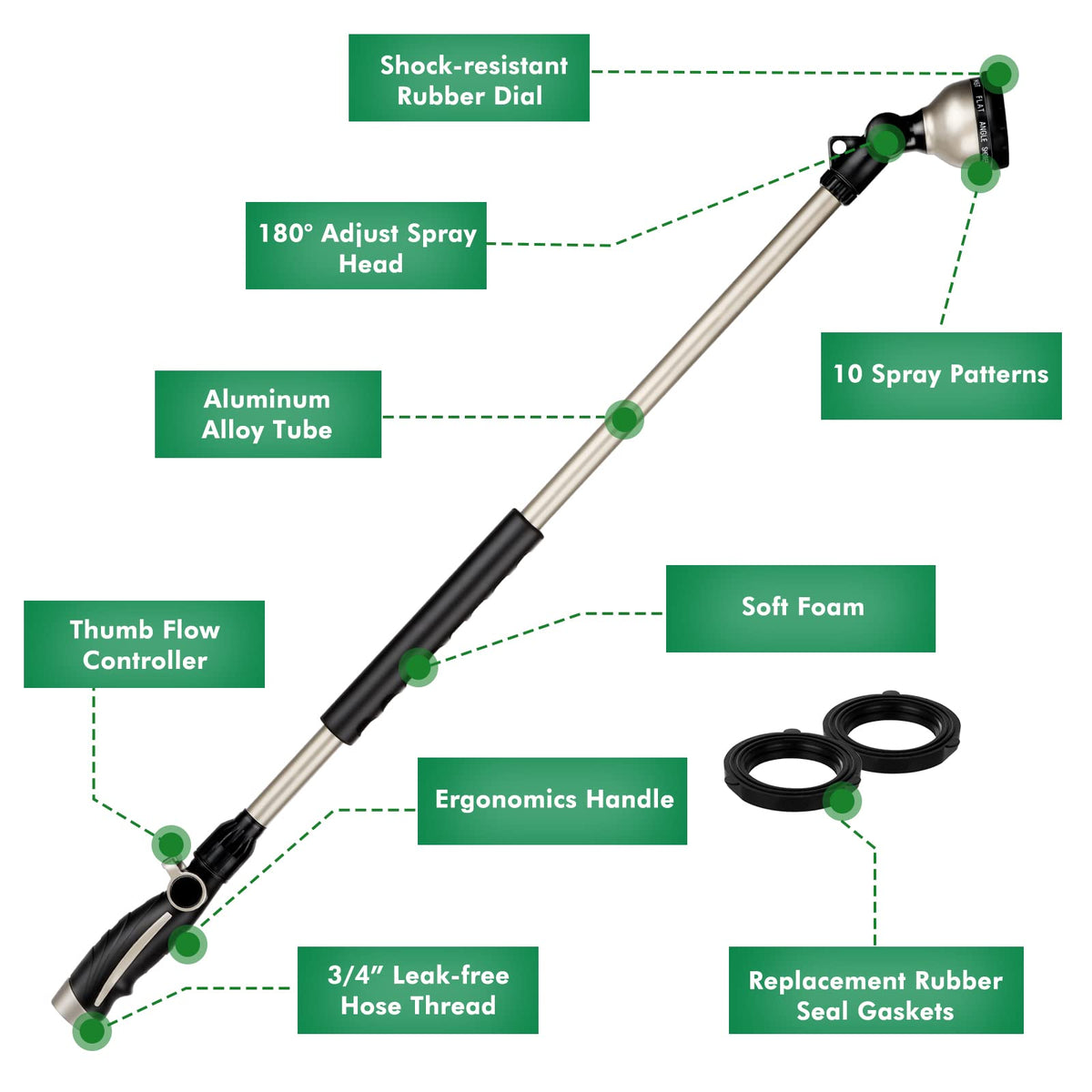 Restmo watering wand 180-degree swivel head enables flexible watering around shrubs.
