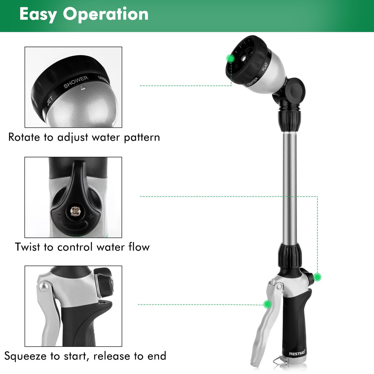RESTMO wand with 7 spray patterns delivers versatile watering and cleaning options.