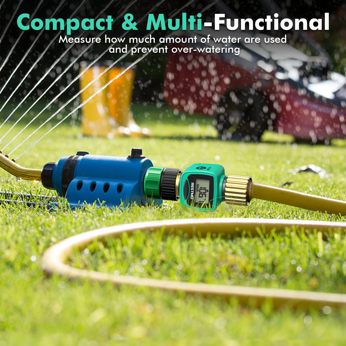 Restmo water flow meter 360-degree rotating inlet for easy connections.