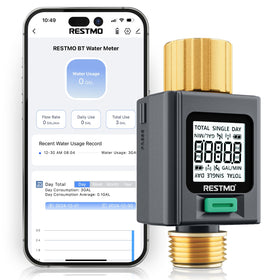 Restmo water flow meter with brass inlet and outlet for outdoor durability.