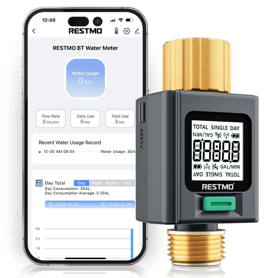 Restmo water flow meter with brass inlet and outlet for outdoor durability.
