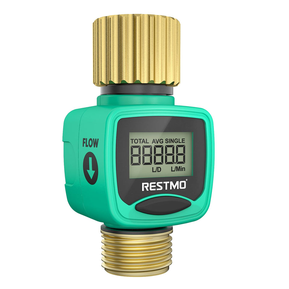 Restmo water flow meter with brass inlet and outlet for durable outdoor watering.