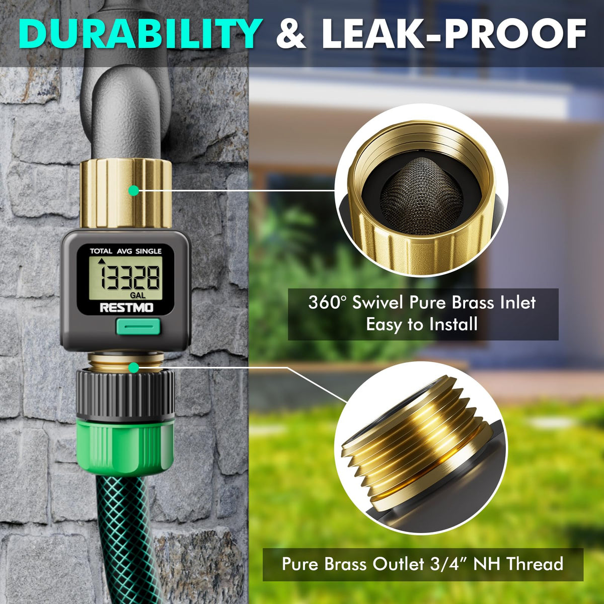 Restmo water flow meter LCD display shows real-time flow and usage.