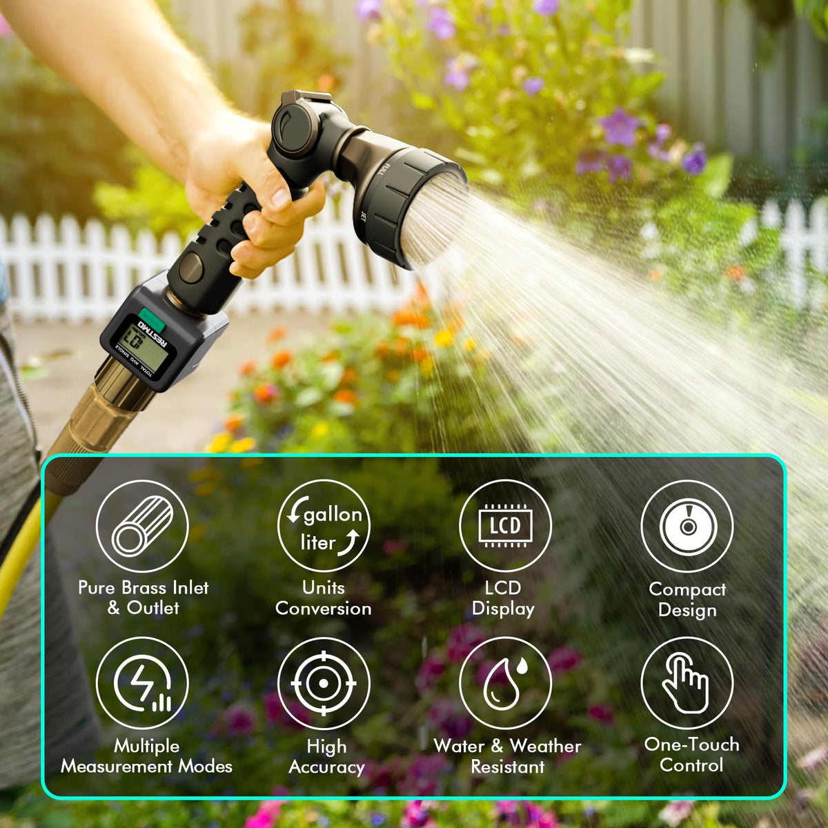 Restmo mode button switches FLOW, CONSUMPTION, AVERAGE, TOTAL quickly.