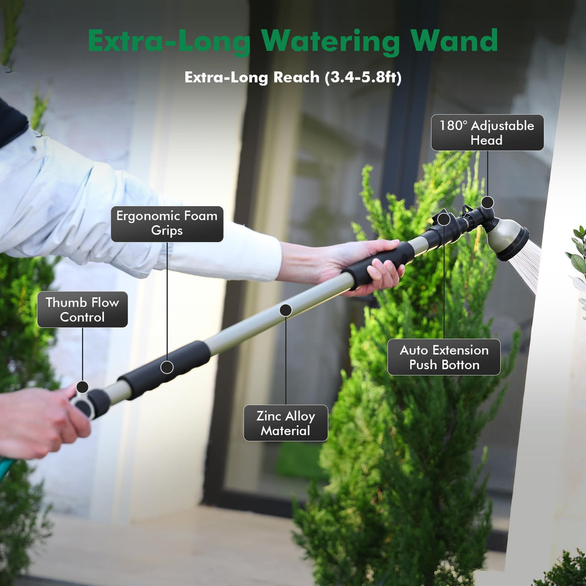 Restmo 180-degree rotating spray head enables precise watering around shrubs.