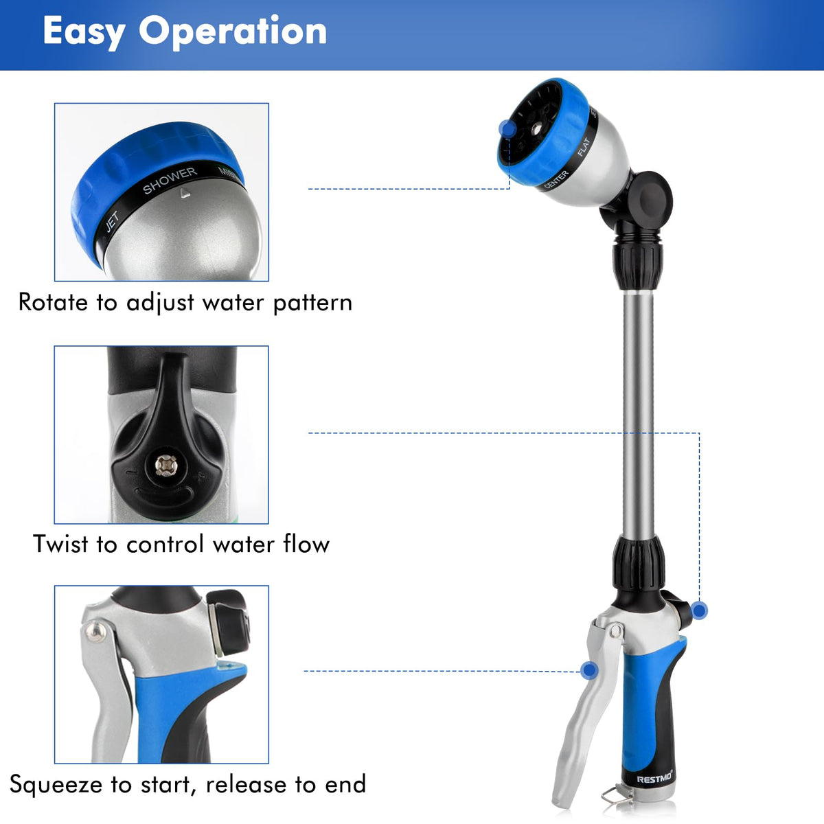 Restmo wand with 7-pattern sprayer adapts from mist to jet.