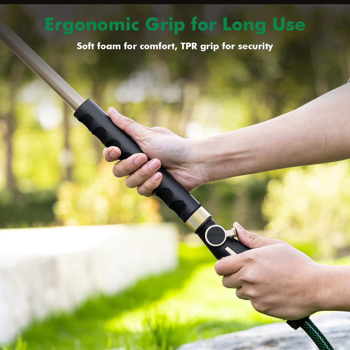 Extended reach with Restmo wand reduces bending during watering