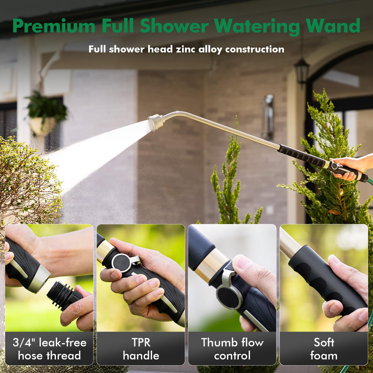 Thumb flow control on Restmo wand for easy on/off watering