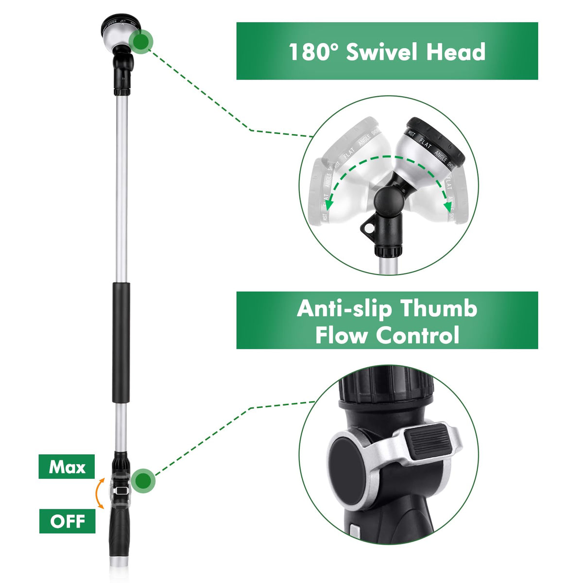 Restmo thumb flow control enables quick on/off and pressure adjustments.