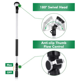 Restmo thumb flow control enables quick on/off and pressure adjustments.