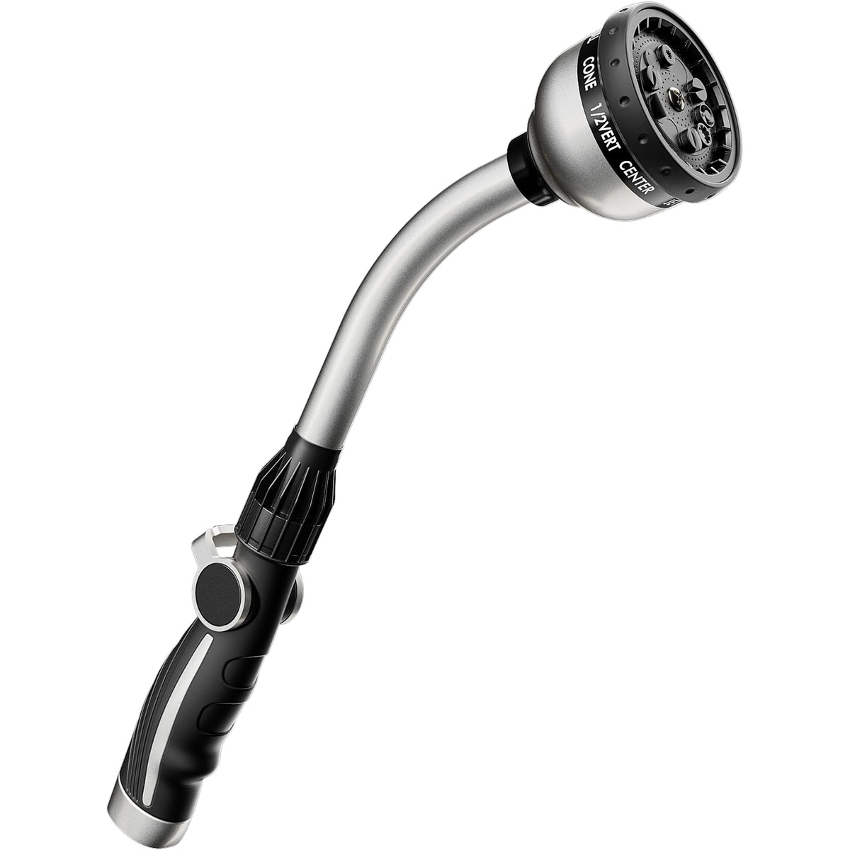 Restmo watering wand with thumb flow control for precise irrigation of hanging baskets.