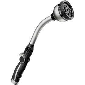 Restmo watering wand with thumb flow control for precise irrigation of hanging baskets.