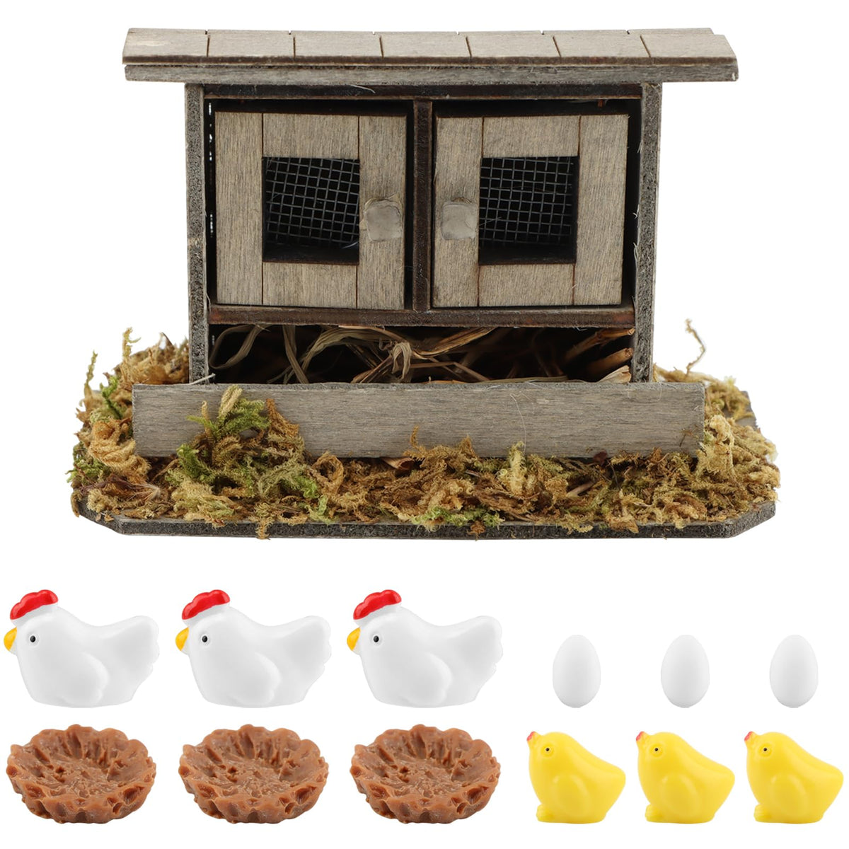 Restynic fairy garden scene with hens and eggs sparks imagination.