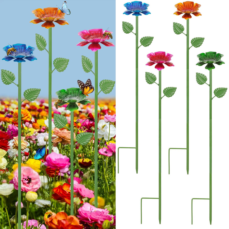 Retyion Bee Watering Station with blue flowers design attracts pollinators in outdoor gardens.