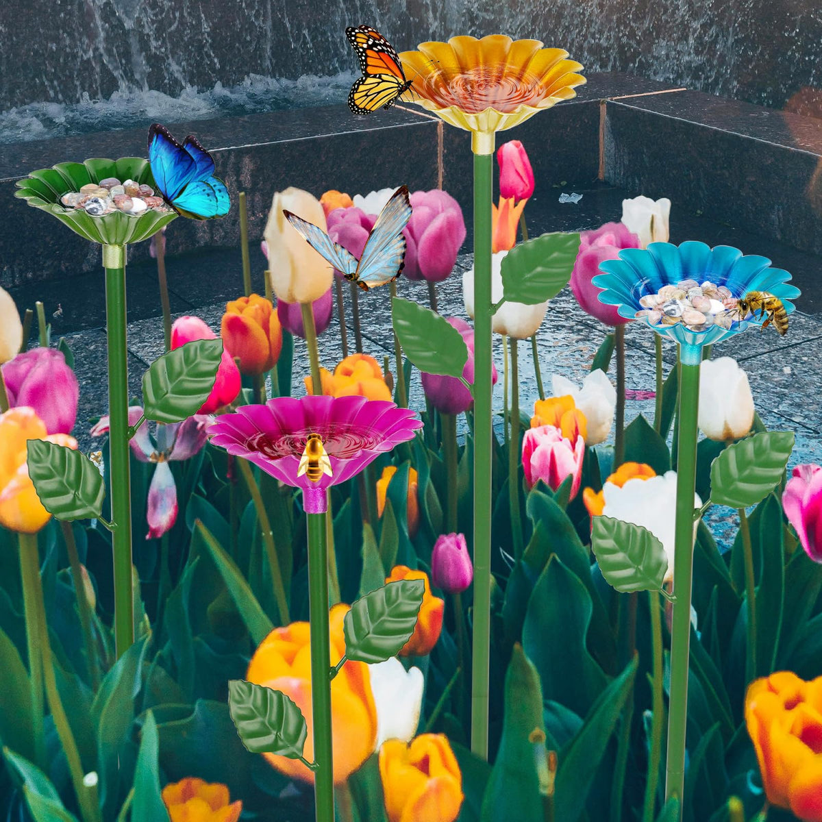 Retyion bee watering station with blue flower design provides a gentle drinking spot.