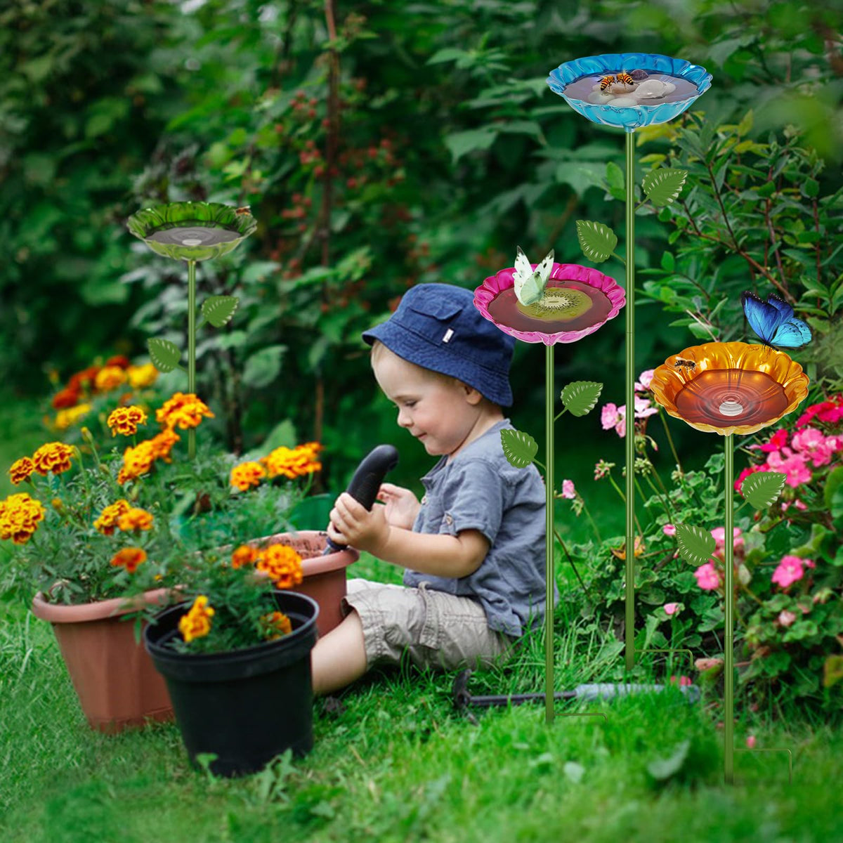 Retyion bee watering station blue flower-heart adds color and habitat appeal.